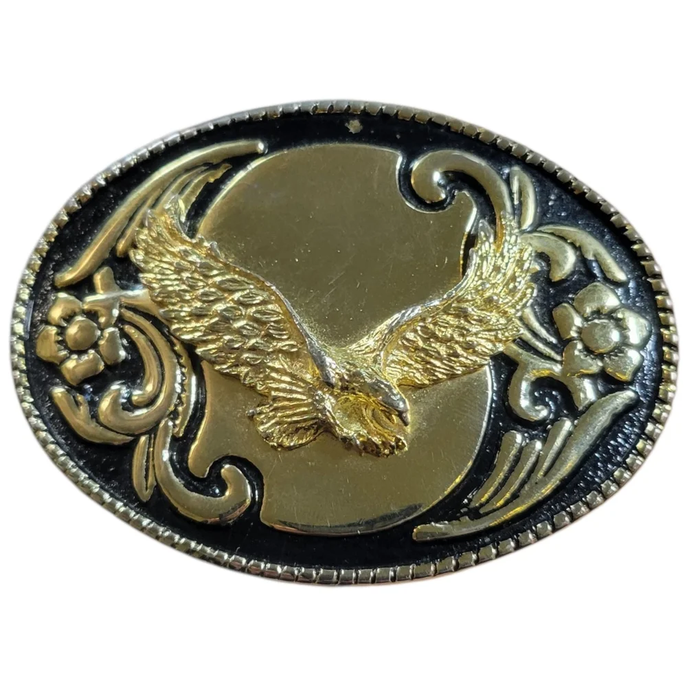 Soaring Eagle Belt Buckle Mens Western Floral Gold Tone Black Patriotic Vintage